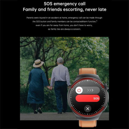 Smart Watch for Everyday Health and Activity Monitoring showing SOS emergency call screen with elderly couple walking in park