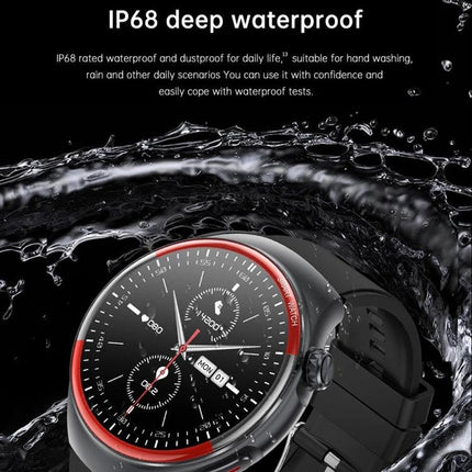 Smart Watch for Everyday Health and Activity Monitoring showing IP68 waterproof black round watch with heart rate and activity dials