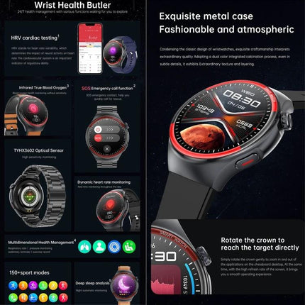 Smart Watch for Everyday Health and Activity Monitoring showing metal case, heart rate, sleep tracking and activity modes