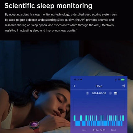 Smart Watch for Everyday Health and Activity Monitoring showing sleep tracking screen and woman asleep with watch displaying sleep score