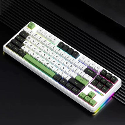 AULA F87 Compact Wireless Mechanical Keyboard with RGB Lighting showcasing compact 87-key gasket design, wireless Bluetooth/2.4G/Type-C connectivity and RGB glow