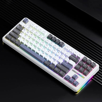 AULA F87 Compact Wireless Mechanical Keyboard with RGB Lighting shown in white compact 87-key layout with gasket structure and multicolor RGB lighting