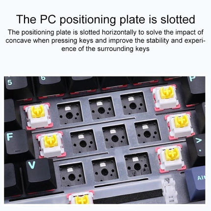 AULA F87 Compact Wireless Mechanical Keyboard with RGB Lighting showing slotted PC positioning plate and yellow mechanical switches for stable typing