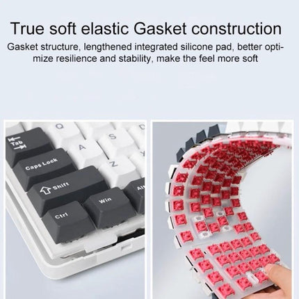 AULA F87 Compact Wireless Mechanical Keyboard with RGB Lighting showing soft elastic gasket construction and flexible integrated silicone pad for improved typing comfort