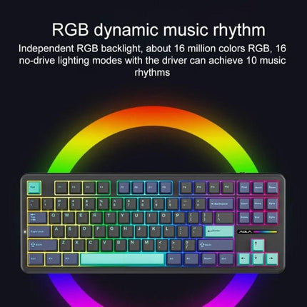AULA F87 Compact Wireless Mechanical Keyboard with RGB Lighting showing 87-key compact layout, gasket structure and vibrant RGB dynamic music rhythm lighting
