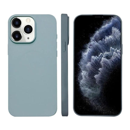 Durable Silicone Phone Case for Everyday Protection in muted blue showing back, side profile and front of phone, soft-grip silicone for commuting and workouts