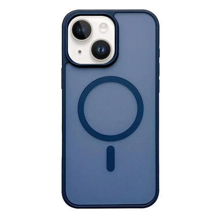 Frosted MagSafe Case For iPhone 14 slim blue frosted acrylic TPU blend with MagSafe ring showing camera cutout and pocket-friendly profile
