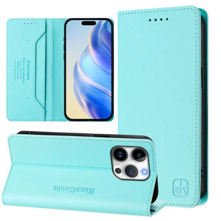Leather Phone Case With Card Slots For Everyday Carry in aqua PU leather wallet style with magnetic folio and card pockets