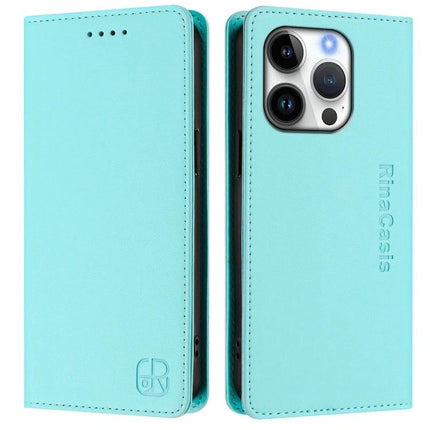 Leather Phone Case With Card Slots For Everyday Carry in turquoise faux leather folio with camera cutout and card pocket
