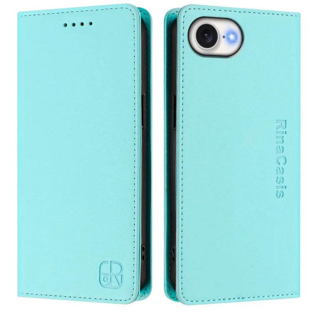 Dual-Folded Magnetic RFID Leather Phone Case For Everyday Use - teal wallet-style PU leather phone case with magnetic closure and RFID shielding