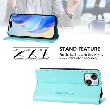 Leather Phone Case With Card Holder For Daily Carry in teal PU with kickstand showing phone display and rear card slots
