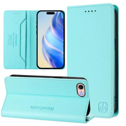 Leather Phone Case With Built In Card Slots in turquoise PU with TPU lining, card slots and stand function, shown open and closed