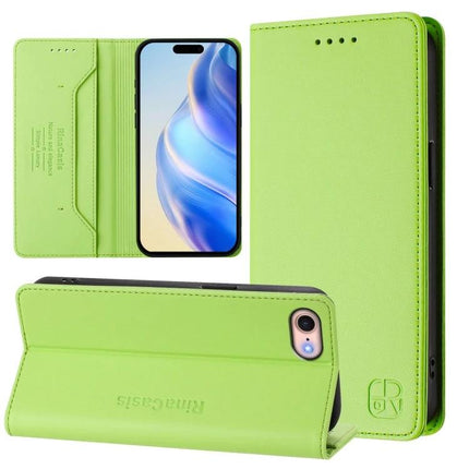 Leather Phone Case With Built In Card Slots in lime green PU with TPU lining, foldable wallet design showing card slots and phone screen
