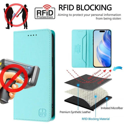 Leather Case For iPhone Everyday Carry Keeps Essentials Organized On The Go Lightweight RFID blocking turquoise wallet-style case for iPhone 13
