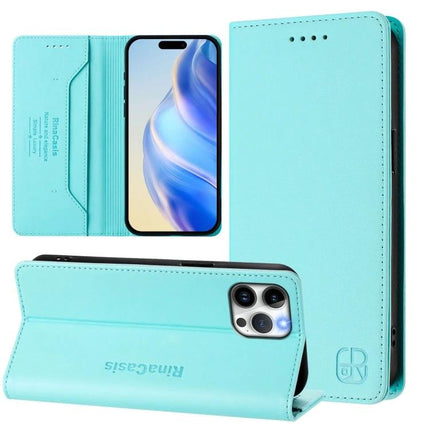 Leather Phone Case With Card Slots For Everyday Carry - turquoise folio wallet with RFID shielding, card slots and cash pocket