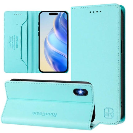 Leather Phone Case With Card And Cash Storage For Everyday Carry And Quick Access in turquoise PU leather with built-in stand and card slots