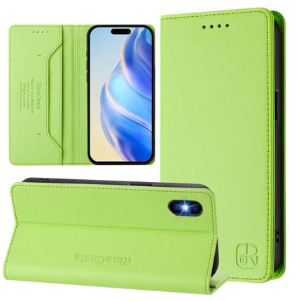 Leather Phone Case With Card And Cash Storage For Everyday Carry And Quick Access in lime green PU leather with card slots and kickstand