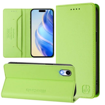 Leather Phone Case With Card And Cash Storage For Everyday Carry And Quick Access in lime green PU leather with card slots and stand