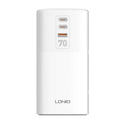 Alt Tag: LDNIO 70W Multi-Function Desktop Charger for Devices white vertical desktop charger with three ports and 70W power label