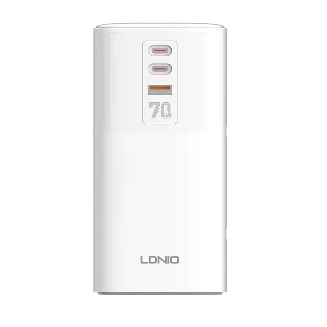 LDNIO 70W Multi-Function Desktop Charger for Devices in white, three-port desktop charger powering smartphone tablet and laptop