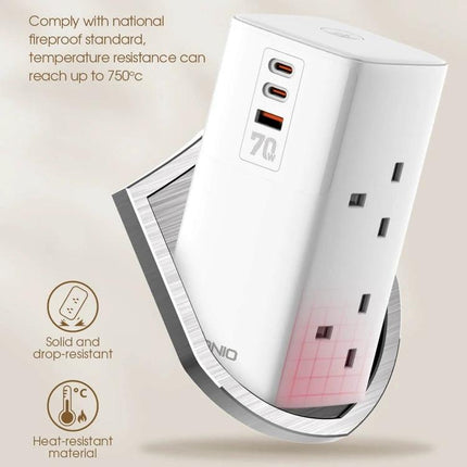 LDNIO 70W Multi-Function Desktop Charger for Devices shown white with dual USB-C and USB-A ports and three AC sockets on a desk