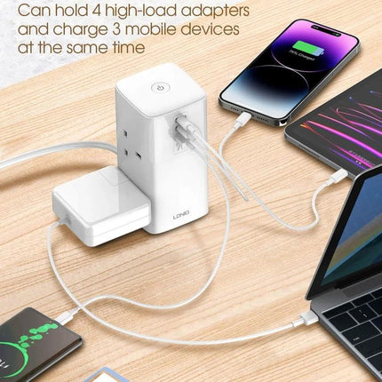 LDNIO 70W Multi-Function Desktop Charger for Devices powering a laptop, tablet, and smartphones simultaneously on a wooden desk