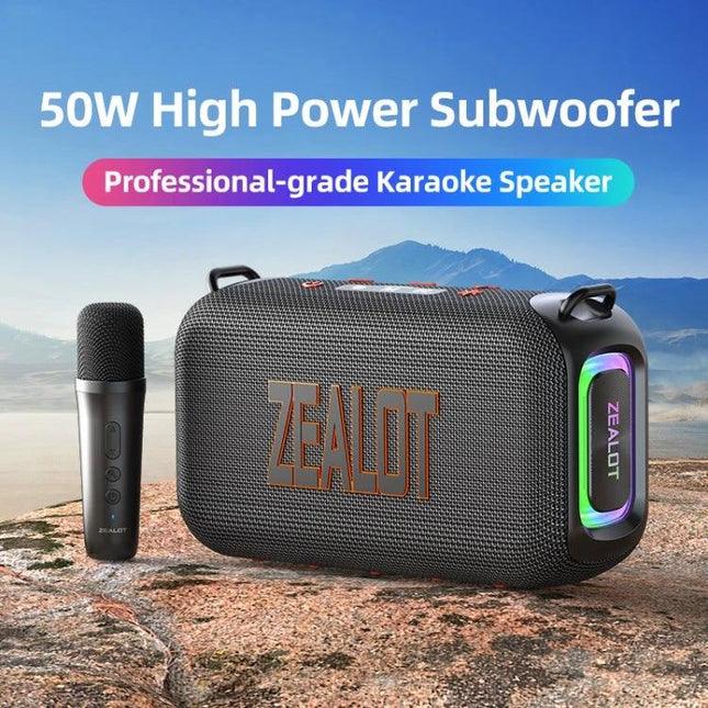Zealot Portable Bluetooth Speaker For Travel And Outdoor Use shown with mic on rocky beach, Bluetooth 5.3, clip and LED accents