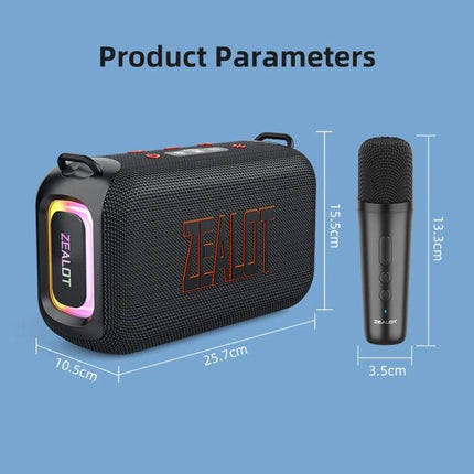 Zealot Portable Bluetooth Speaker For Travel And Outdoor Use showing dimensions, microphone, handle, and RGB accents