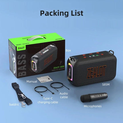 Zealot Portable Bluetooth Speaker For Travel And Outdoor Use packing list with speaker box mic cables strap manual Type-C audio