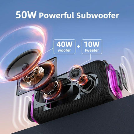 Zealot Portable Bluetooth Speaker For Travel And Outdoor Use showing 50W powerful subwoofer exploded view