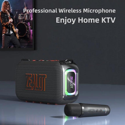 Zealot Portable Bluetooth Speaker For Travel And Outdoor Use shown with wireless microphone, RGB light ring and mesh grille