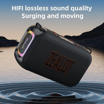 Zealot Portable Bluetooth Speaker For Travel And Outdoor Use shown floating over water with HiFi sound text