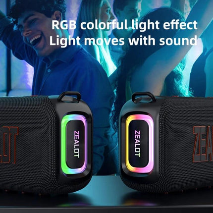 Zealot Portable Bluetooth Speaker For Travel And Outdoor Use showing RGB light effects and hands-free clips for parties
