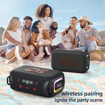 Zealot Portable Bluetooth Speaker For Travel And Outdoor Use shown on beach with friends enjoying music and wireless pairing 10m