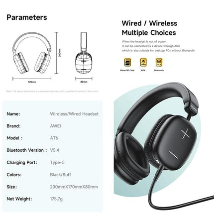 Awei Wireless Headphones For Commuting And Hands-Free Calls black AT6 Bluetooth V5.4 headset with wired AUX option