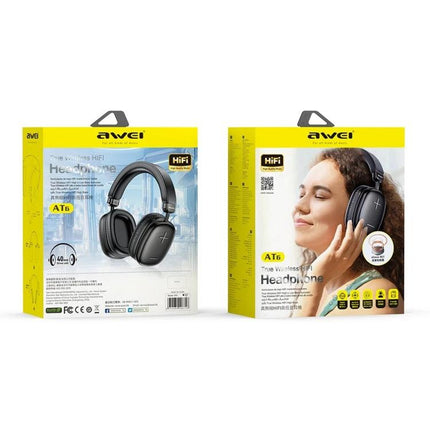 Awei Wireless Headphones For Commuting And Hands-Free Calls shown in packaging with model AT6 and woman