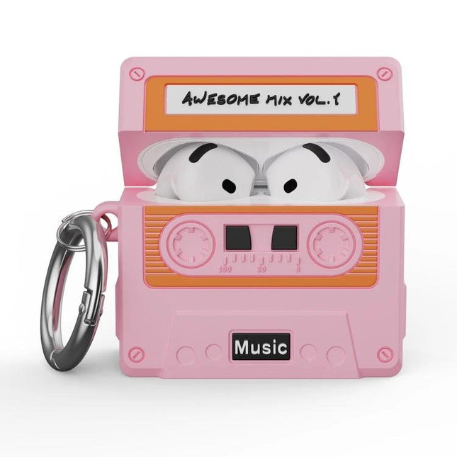 Protective Silicone Case for Everyday Earphone Carrying in pink cassette-style design with carabiner and earbuds