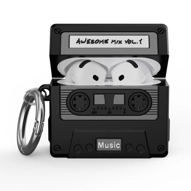 Protective Silicone Case for Everyday Earphone Carrying shaped like a retro cassette with keyring, holding white wireless earbuds