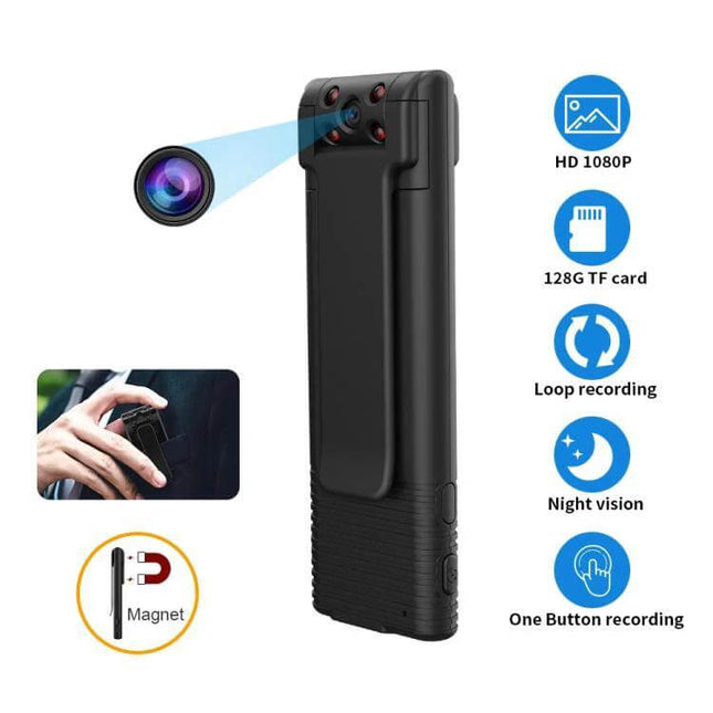 B21 Handheld Wide-Angle Video Recorder for Daily Use showing compact black device with clip, magnet, night vision, 1080P and one-button recording