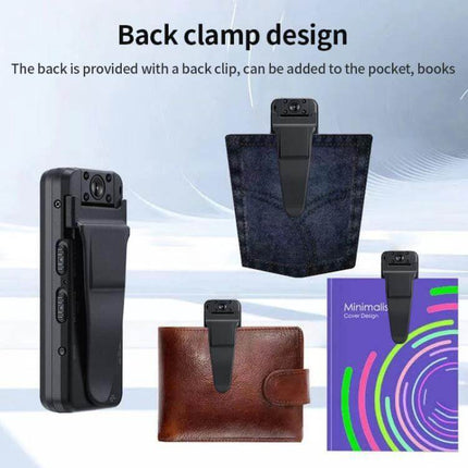 Z7 1080P HD Night Vision Video Recorder for Daily Use showing back clamp design clipped to pocket, wallet, and book