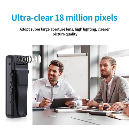 Z7 1080P HD Night Vision Video Recorder for Daily Use showing compact camera beside business meeting scene demonstrating clear 18 million pixel imaging
