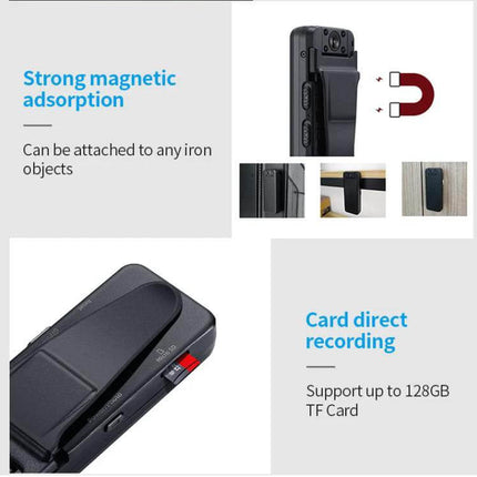 Z7 1080P HD Night Vision Video Recorder for Daily Use showing magnetic clip, TF card slot and 128GB support