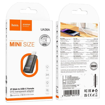 Hoco Adapter for Everyday iPhone to USB-C Connections - translucent mini OTG adapter packaging showing adapter and product info