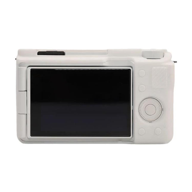 Soft Silicone Protective Case for Sony ZV-E10 II Camera shown in white, rear view with full access to screen and controls