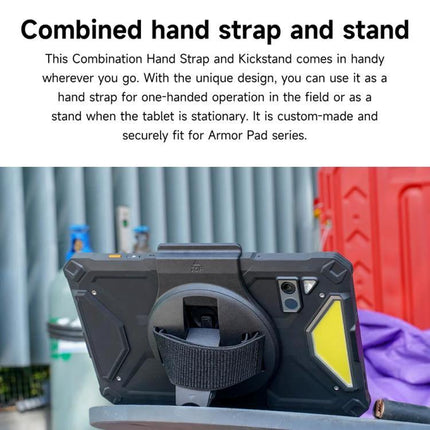 Ulefone Hand Strap Holder for Armor Pad 4 and 4 Ultra Tablet mounted on tablet showing 360-degree rotating hand strap and kickstand for secure grip