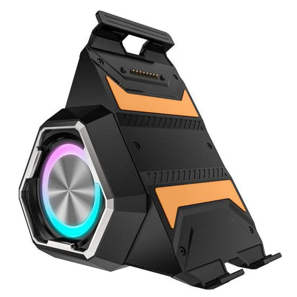 Ulefone Clip On Tablet Speaker Holder For Video Calls And Streaming attached to tablet showing RGB directional speaker and hands-free stand