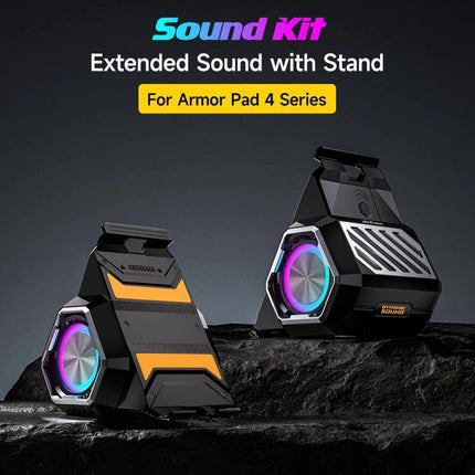 Ulefone Clip On Tablet Speaker Holder For Video Calls And Streaming shown clipped to tablet with RGB drivers and foldable stand