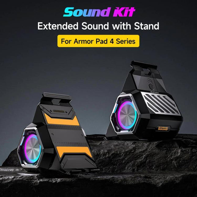 Ulefone Clip On Tablet Speaker Holder For Video Calls And Streaming shown clipped to tablet with RGB drivers and foldable stand