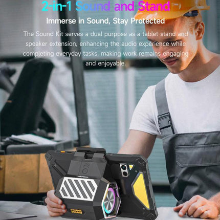 Ulefone Clip On Tablet Speaker Holder For Video Calls And Streaming attached to rugged tablet as hands-free stand and directional speaker