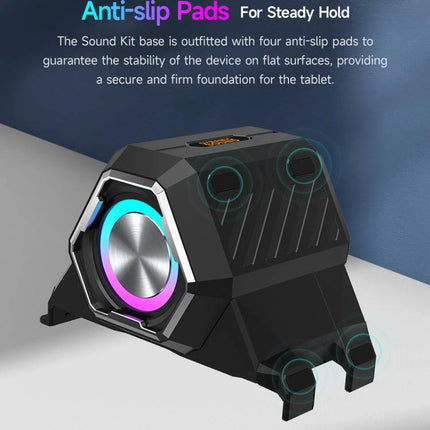 Ulefone Clip On Tablet Speaker Holder For Video Calls And Streaming showing anti-slip pads and angled stand for clear audio